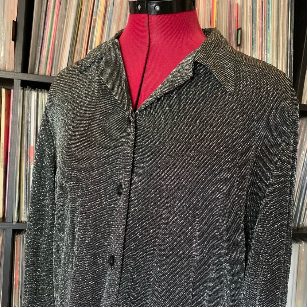 Vintage Silver Disco Button Down Pointed Collar 7… - image 2